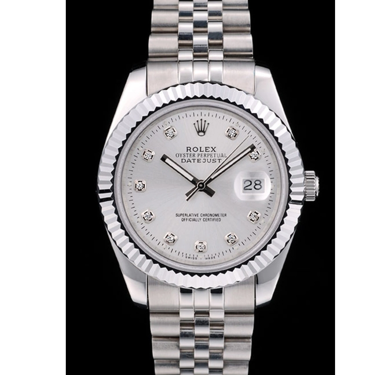 MiroTime 0716 Rolex Swiss DateJust Stainless Steel Ribbed Bezel Silver Dial 41996